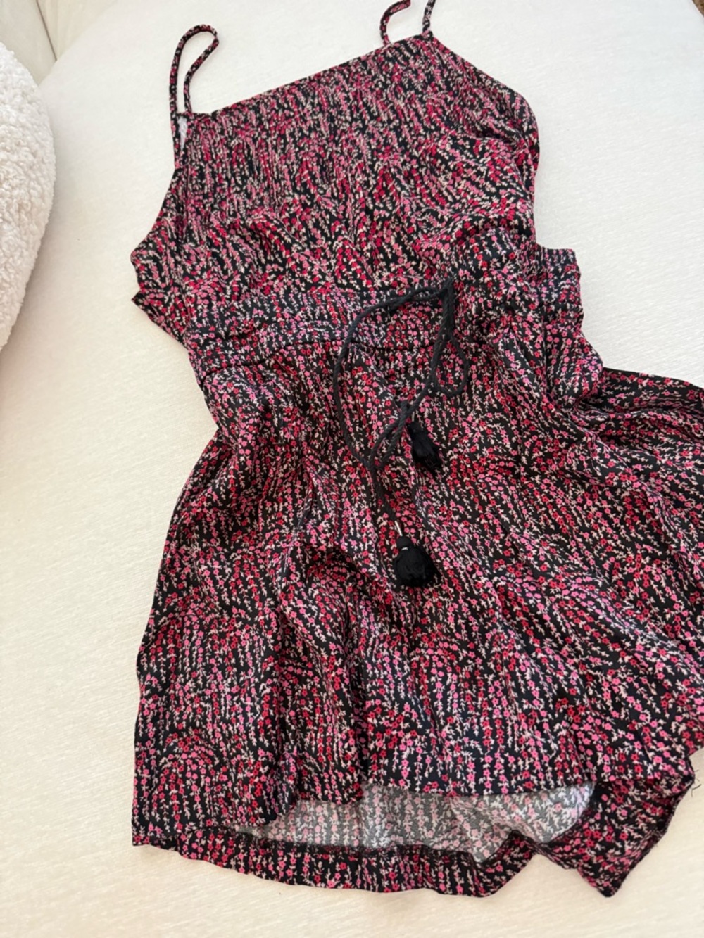 Sleeveless Spaghetti Strap Summer tank & shorts in Black with Pink Floral Print